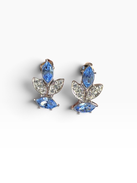 Jewelry - Blue Crystal Floral Leaf Drop Clip-on Earrings - Women Jewelry